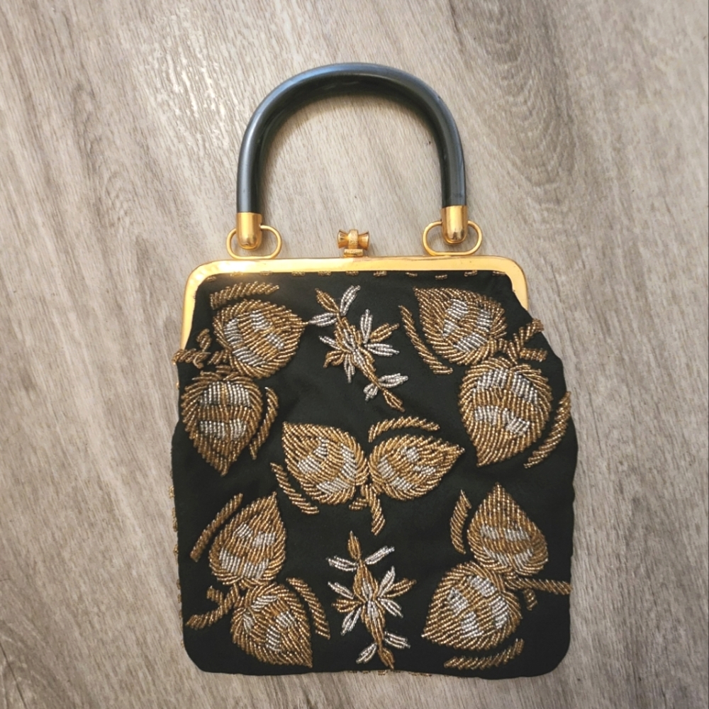 Vintage Hong Kong Gray Lucite Handle Gold Beaded Floral Evening Bag Purse